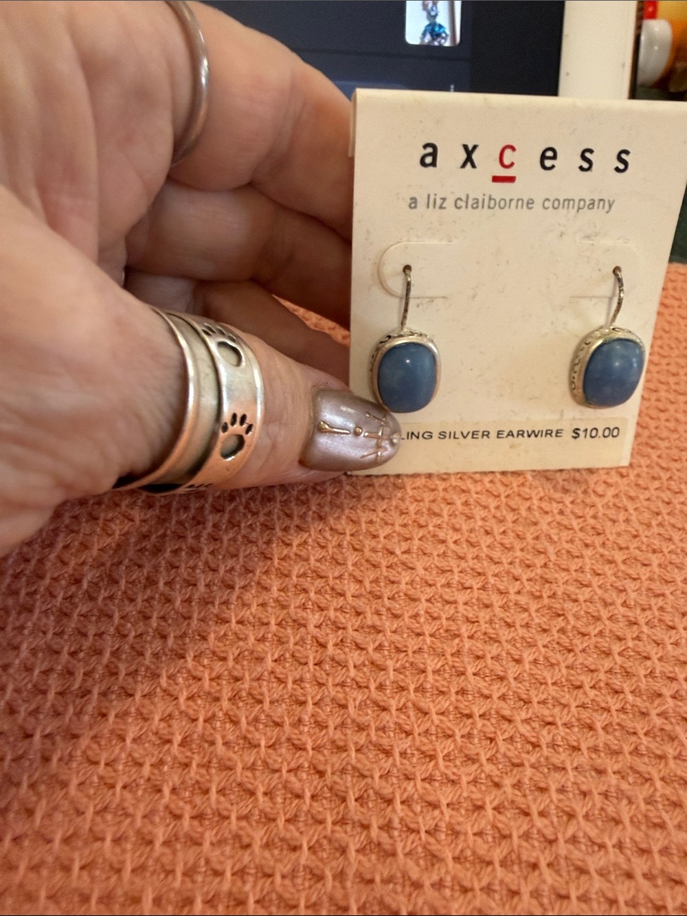 Liz Claiborne Axcess Blue Stone Drop Earrings with Silver Tone Setting - Picture 2 of 3